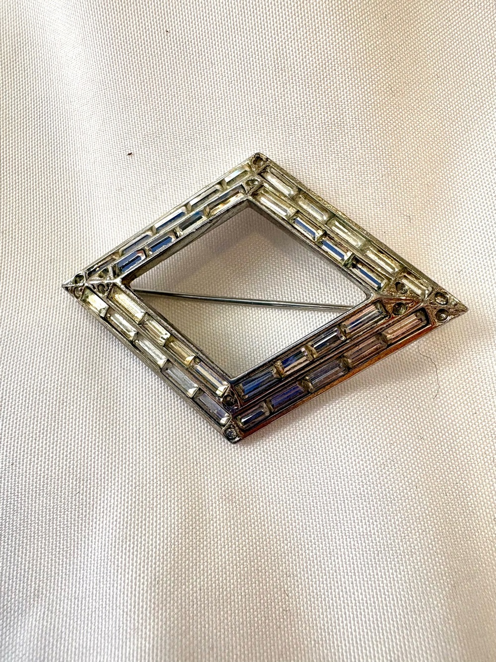 Vintage Art Deco Style Baguette Rhinestone Open Diamond Shaped Brooch 1950s